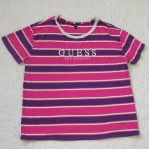 Guess Los Angeles Women's Pink Purple White Striped T-Shirt Size Large